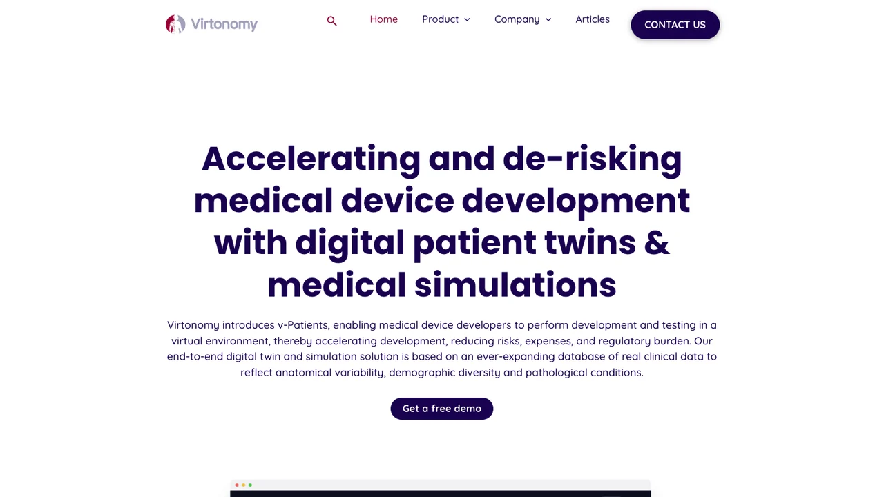 Virtonomy website homepage, headed Accelerating and de-risking medical device development with digital patient twins and medical simulations.