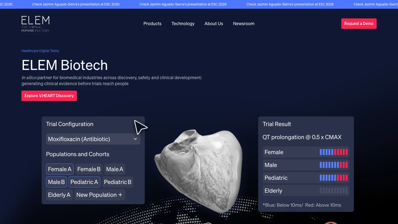 ELEM Biotech website showing its V.HEART virtual trial configuration alongside a simulated heart model.