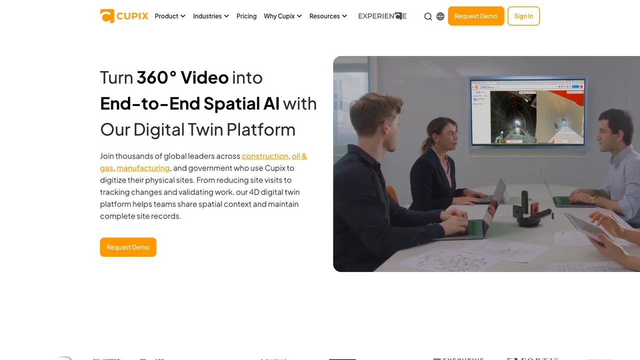 Cupix website homepage, headed Turn 360 degree video into end-to-end spatial AI with our digital twin platform.