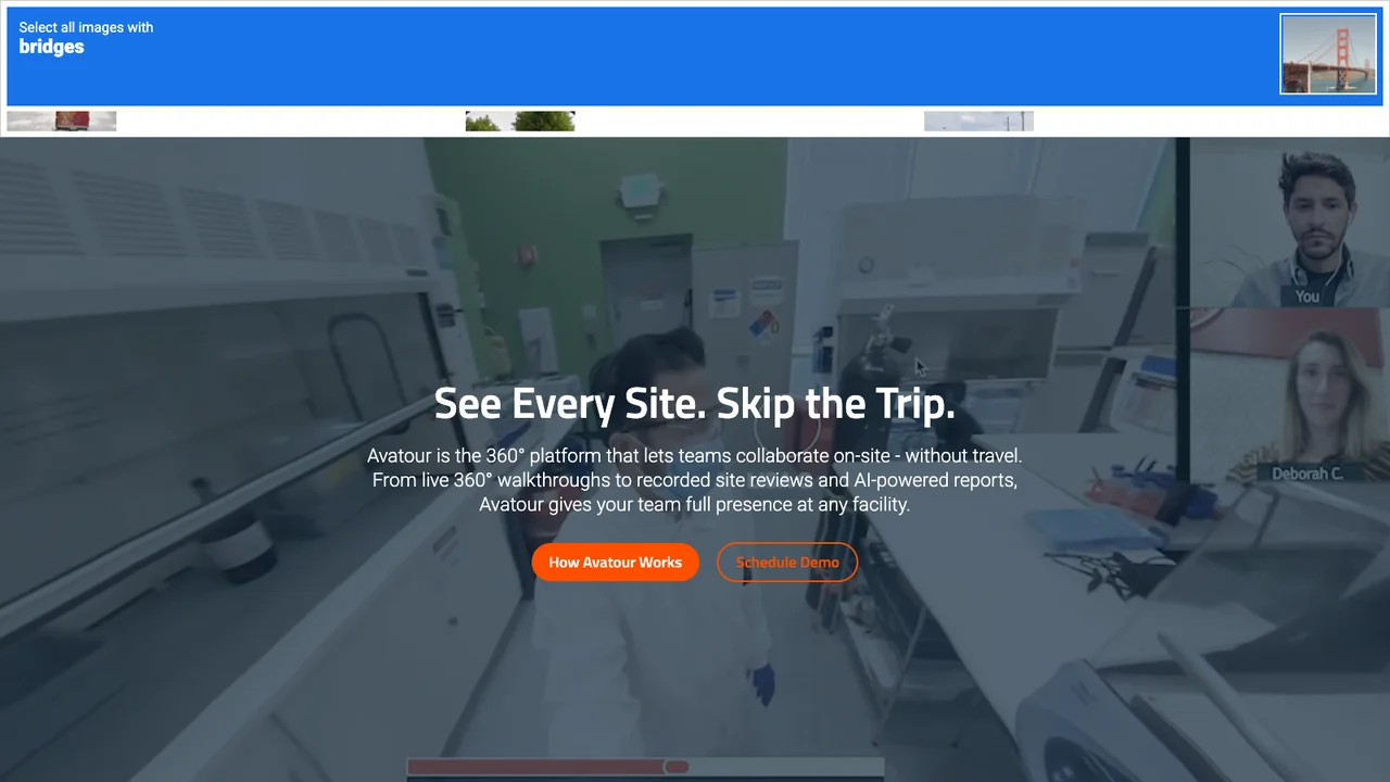 Avatour website homepage, describing its 360 degree platform for collaborating on site without travel.