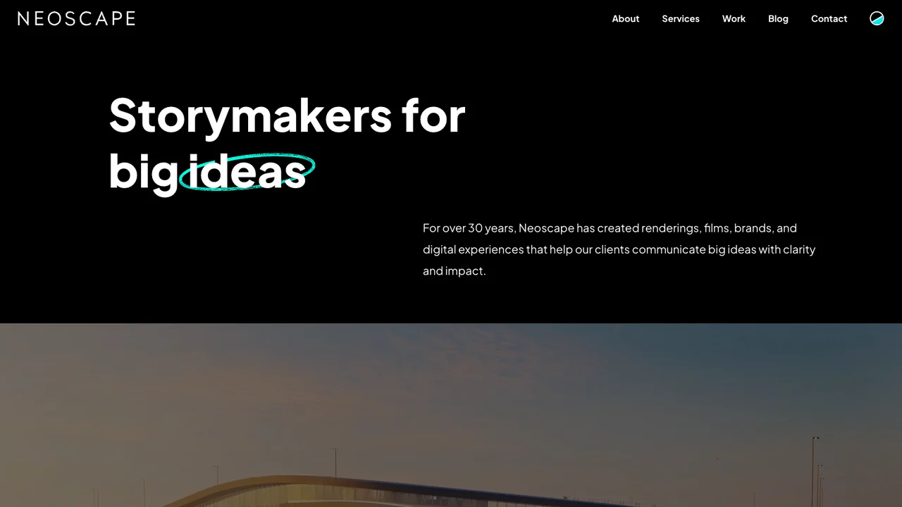 Neoscape website homepage, headed Storymakers for big ideas.