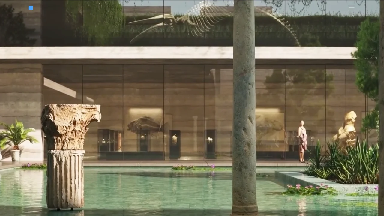 Brick Visual website showing an architectural visualization of a building interior with columns and greenery.