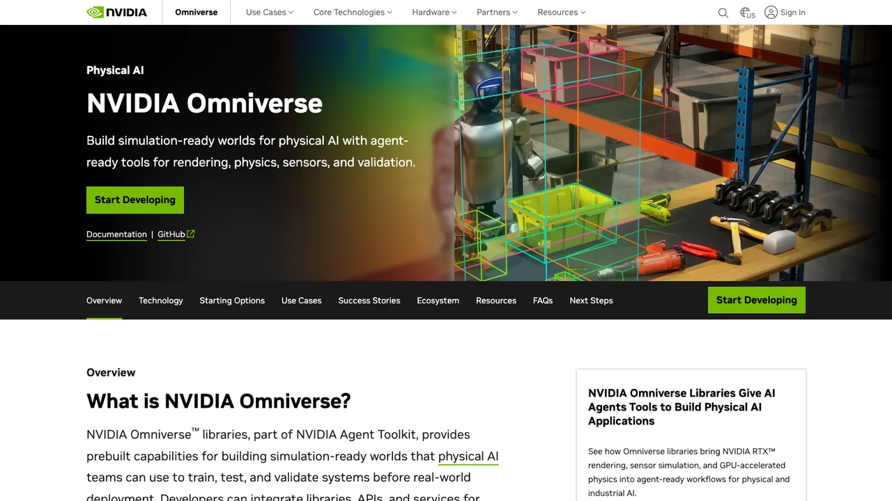 NVIDIA Omniverse product page, headed Develop physical AI applications.