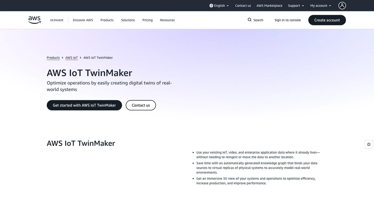 AWS IoT TwinMaker product page, describing its service for building digital twins of real-world systems.