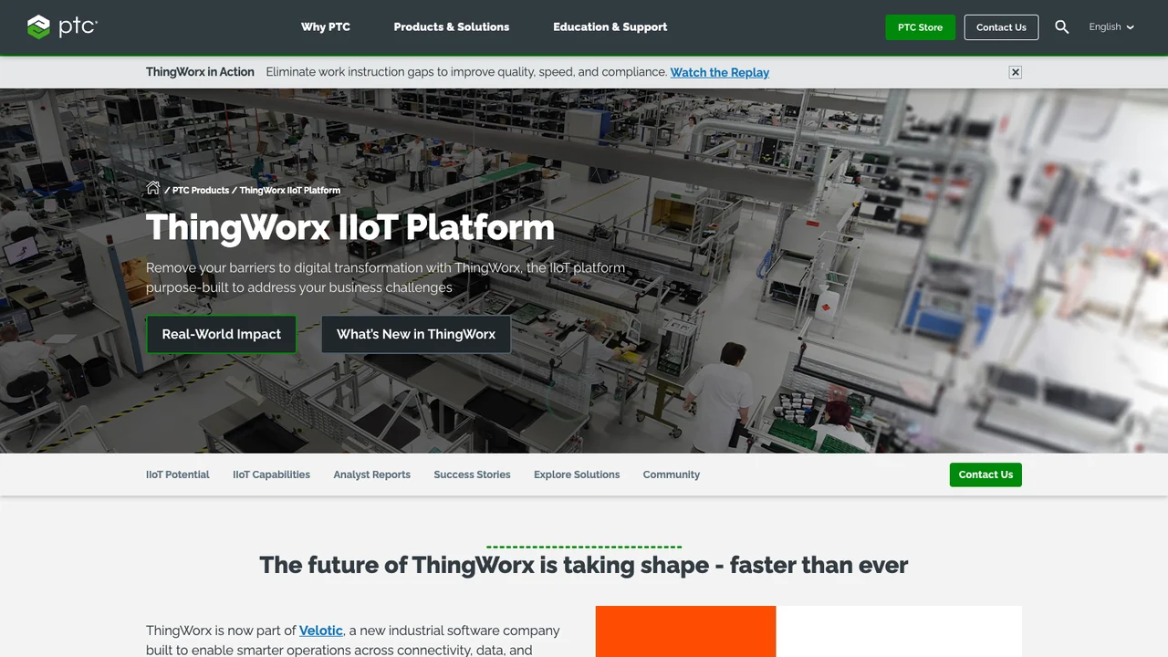 PTC ThingWorx IIoT Platform page, showing its industrial internet of things platform positioning.