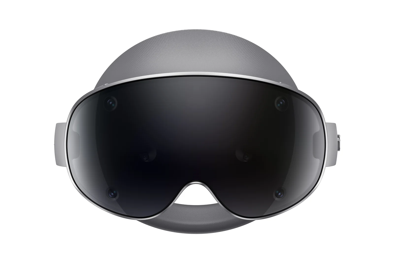 Front view of the Samsung Galaxy XR headset on a white background, showing the dark curved visor, the external cameras set into it and the grey fabric top strap