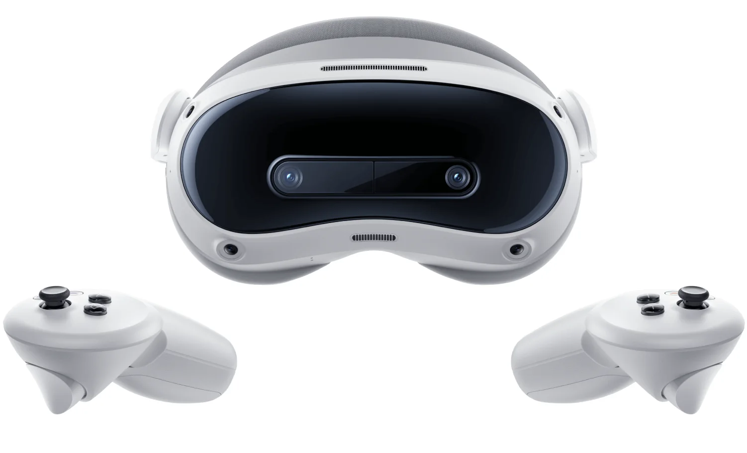 Front view of the white Pico 4 Ultra headset with its two ringless controllers below it, showing the two passthrough cameras on the front panel