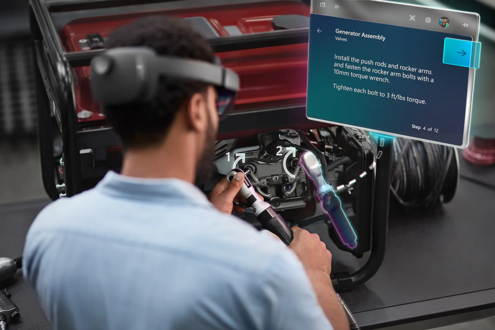 A technician wearing a Microsoft HoloLens 2 headset while assembling a generator, with a floating panel showing step 4 of 12 of a Generator Assembly work instruction