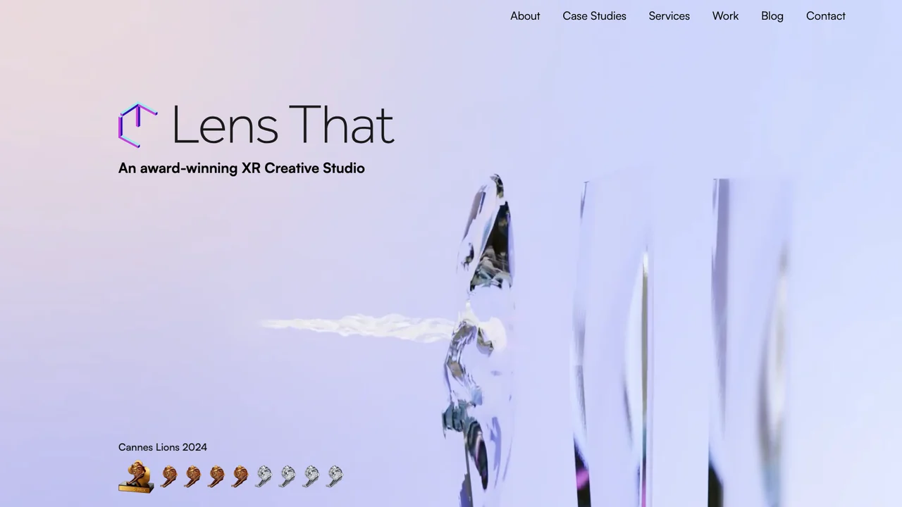 Lens That website homepage describing an award-winning XR creative studio, with a row of Cannes Lions 2024 award icons