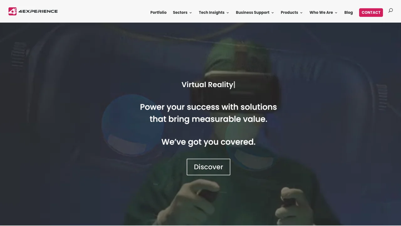 4Experience website homepage, headed Virtual Reality above the line Power your success with solutions that bring measurable value