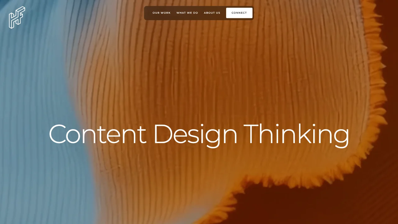 Happy Finish website homepage headed Content Design Thinking over an abstract orange and blue image