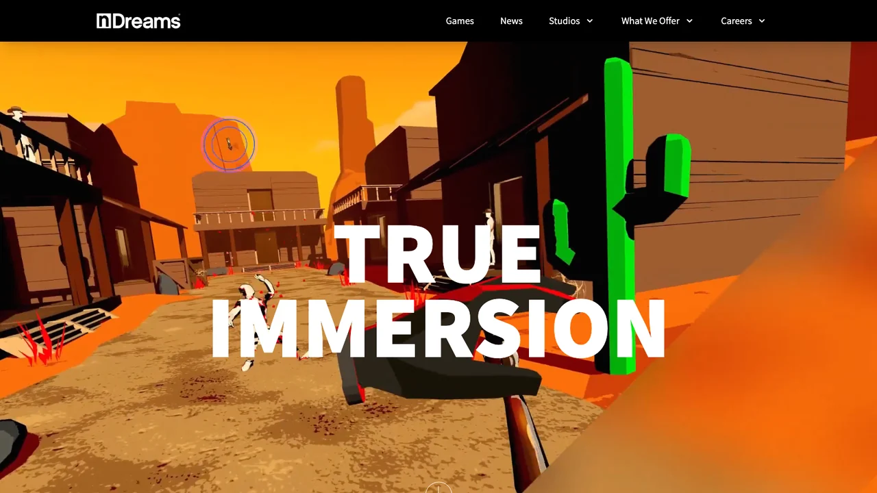 nDreams website homepage showing a stylised western game scene with the words True Immersion across it