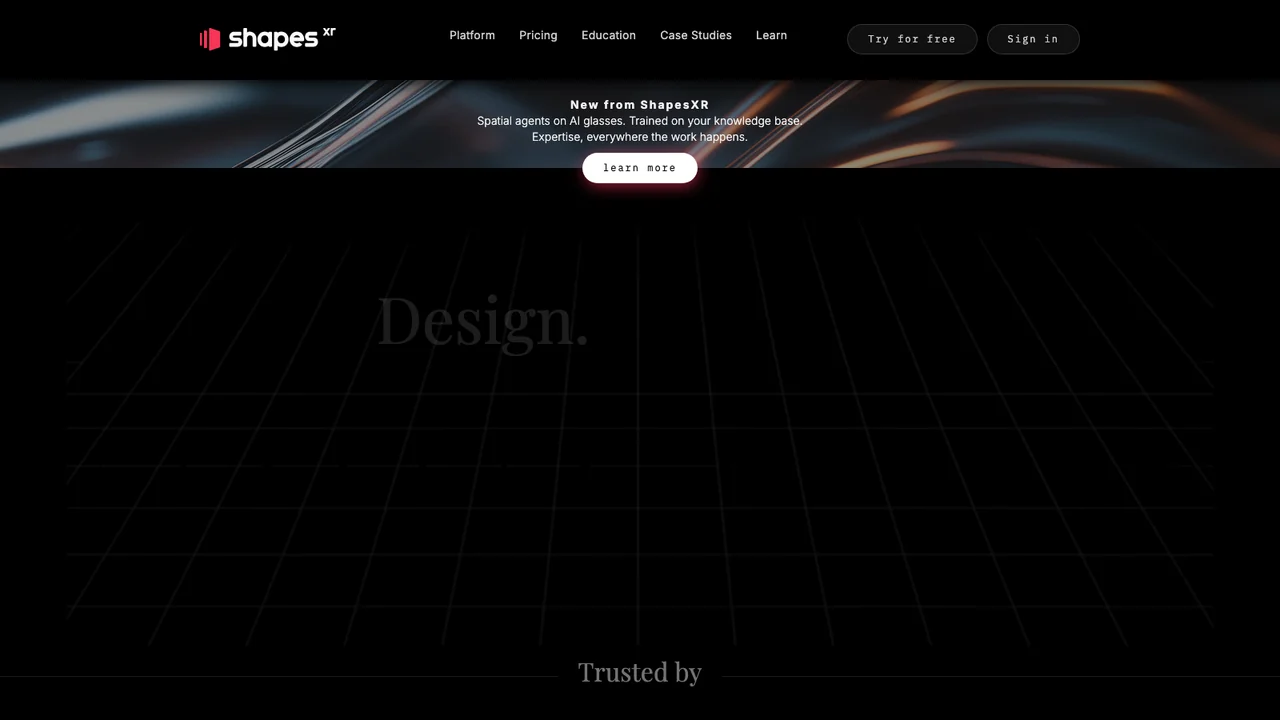 ShapesXR website homepage headed Design, with navigation for Platform, Pricing, Education, Case Studies and Learn