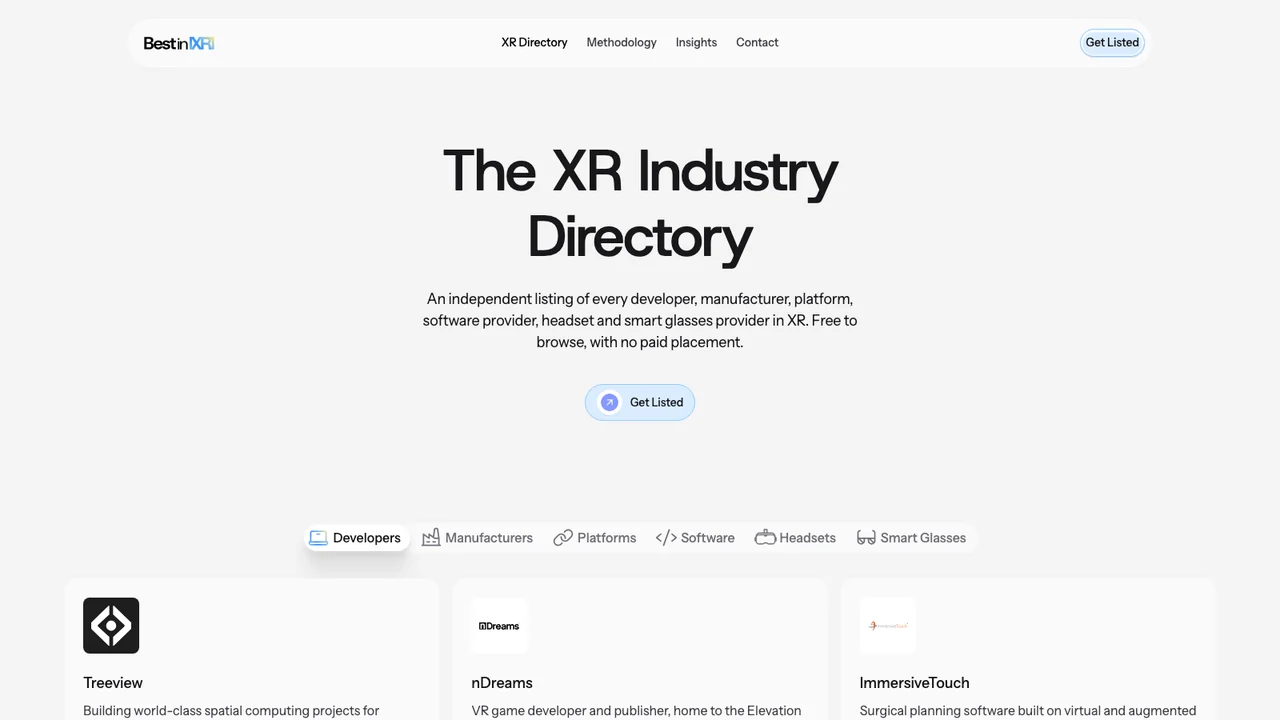The BestInXR directory page, with tabs for Developers, Manufacturers, Platforms, Software, Headsets and Smart Glasses above listing cards for Treeview, nDreams and ImmersiveTouch