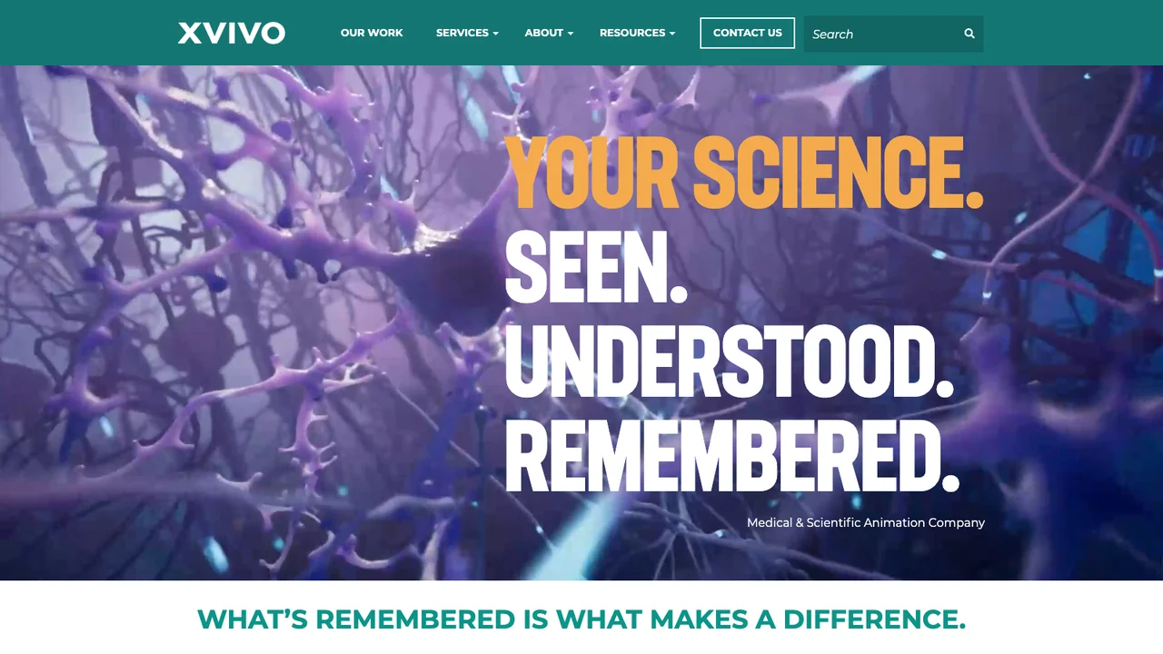 XVIVO homepage showing a purple 3D rendering of neurons with the headline Your science. Seen. Understood. Remembered.