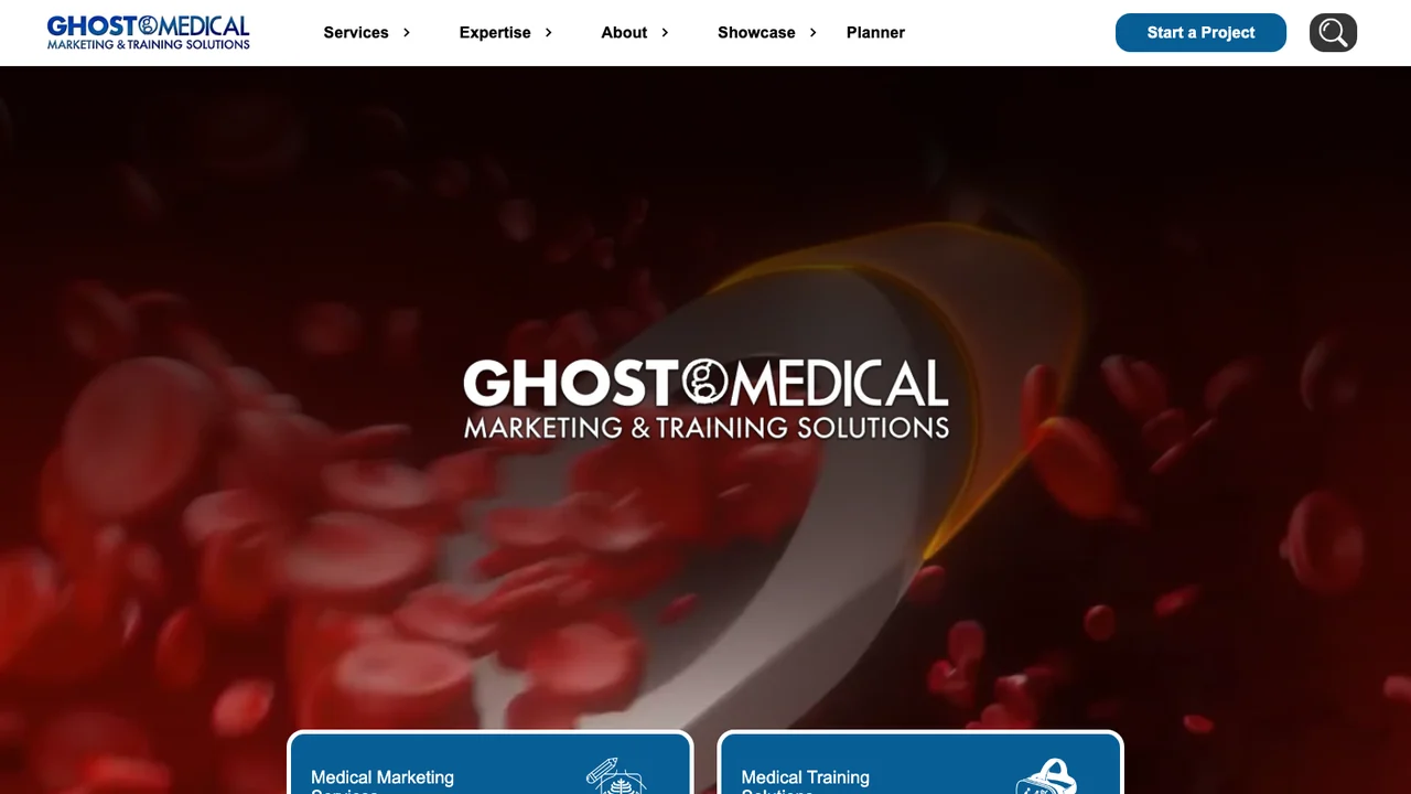 Ghost Medical homepage with the company logo over a dark red 3D rendering of blood cells flowing through a vessel
