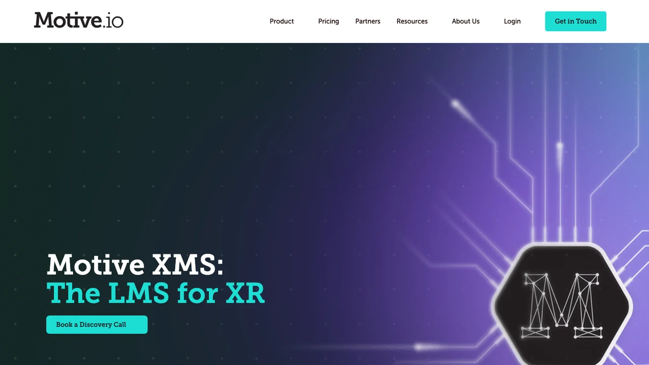 Motive.io homepage headed Motive XMS: The LMS for XR, over a purple circuit-pattern background