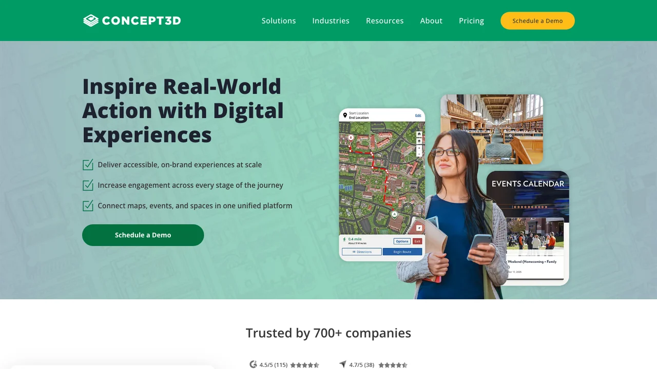 Concept3D homepage headed Inspire Real-World Action with Digital Experiences, showing an interactive campus map and events calendar on mobile screens