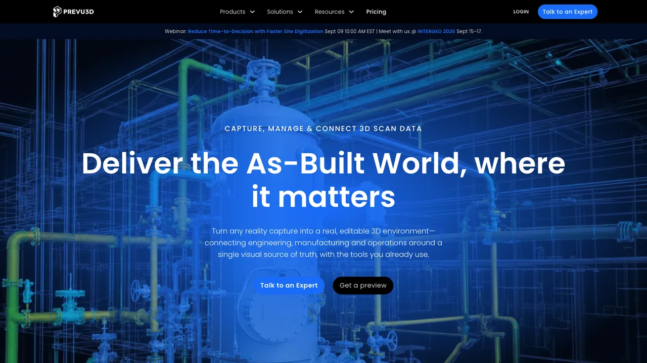 Prevu3D homepage headed Deliver the As-Built World, where it matters, showing a blue wireframe 3D scan of industrial piping