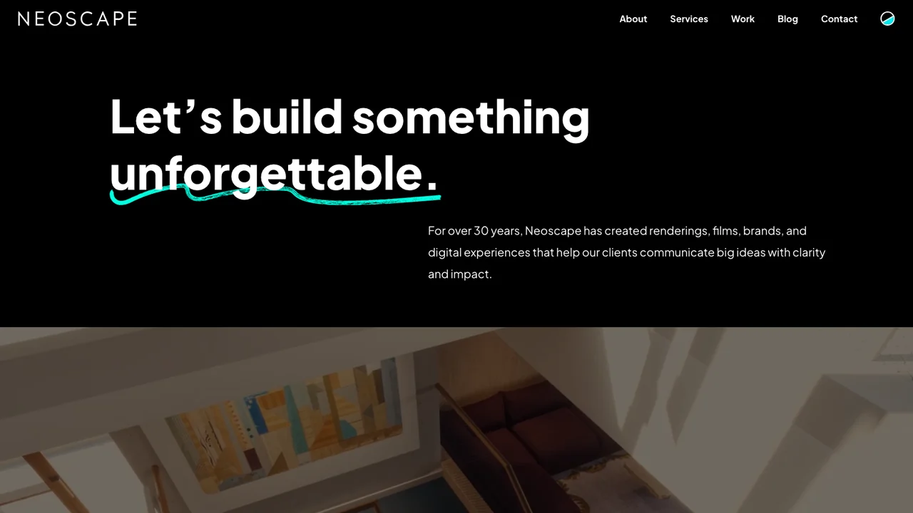 Neoscape homepage headed Let's build something unforgettable, with a rendered interior visible below the fold