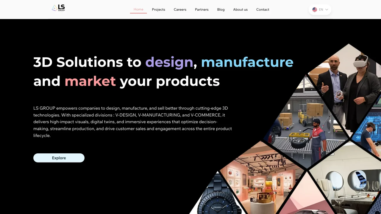 LS Group homepage headed 3D Solutions to design, manufacture and market your products, with a diamond grid of images showing warehouse, retail and VR scenes