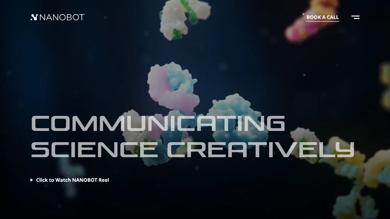 Nanobot Medical homepage headed Communicating Science Creatively, over a dark 3D rendering of antibody molecules