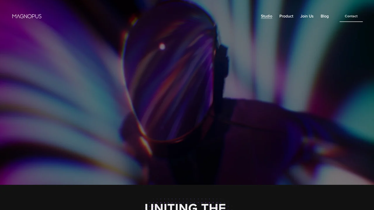 Magnopus homepage showing a figure in a reflective helmet against streaked purple and teal light