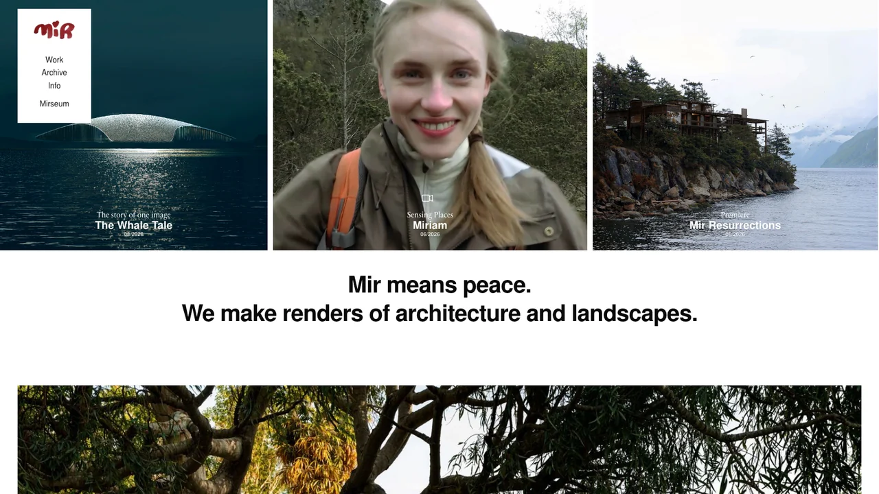 Mir homepage stating Mir means peace, we make renders of architecture and landscapes, above three architectural visualisation project tiles