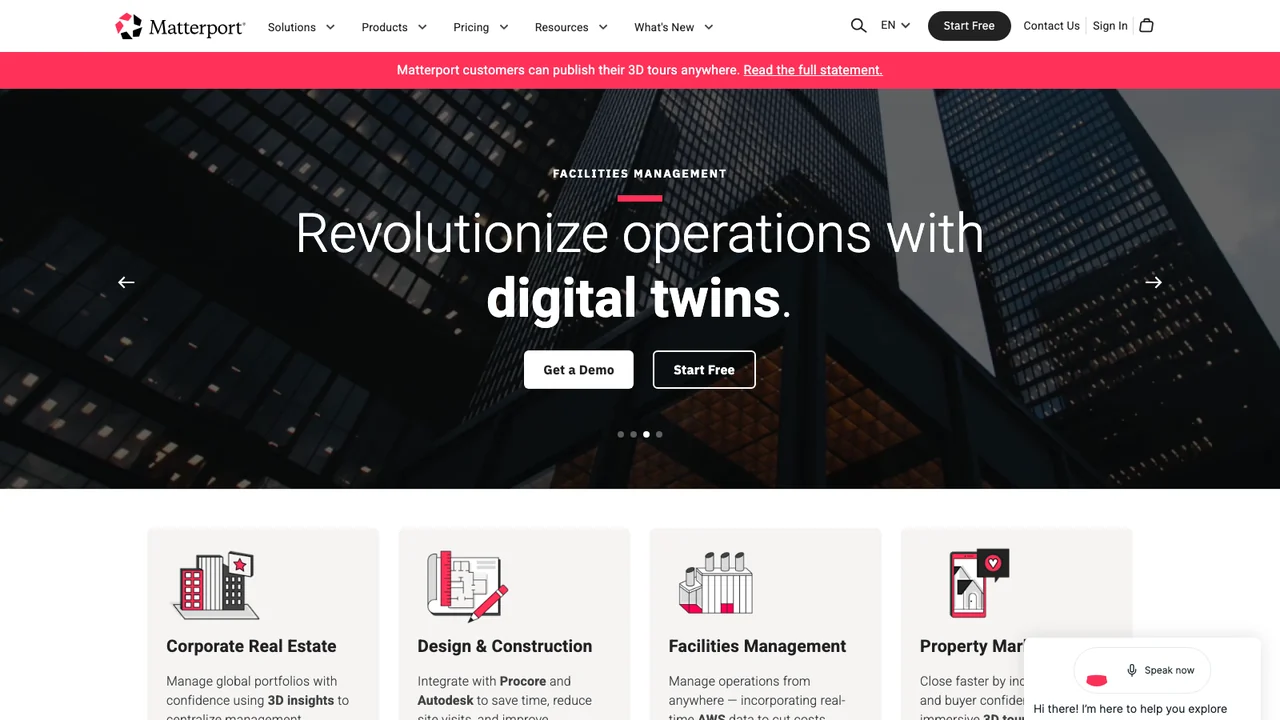 Matterport homepage headed Revolutionize operations with digital twins, over a photograph looking up at glass office towers
