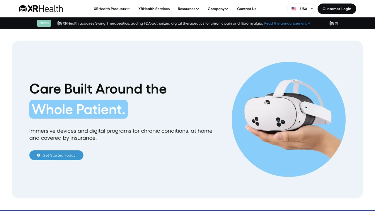 XRHealth homepage headed Care Built Around the Whole Patient, showing a hand holding a white VR headset, with a banner announcing the Swing Therapeutics acquisition