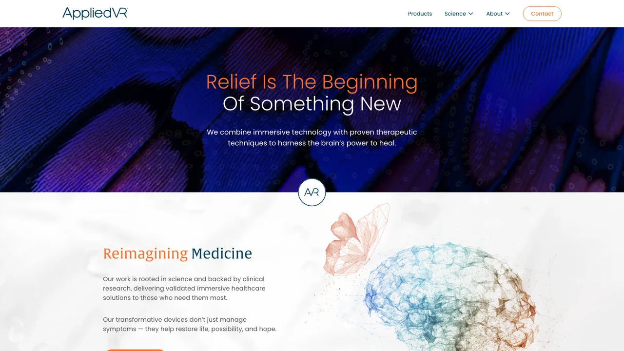 AppliedVR homepage headed Relief Is The Beginning Of Something New, over a close-up of iridescent blue and purple butterfly wing