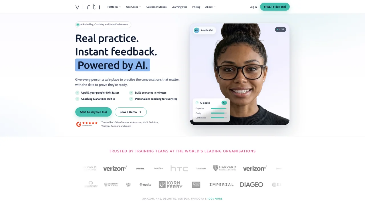 Virti homepage headed Real practice, instant feedback, powered by AI, showing an AI coach scoring empathy, clarity and confidence