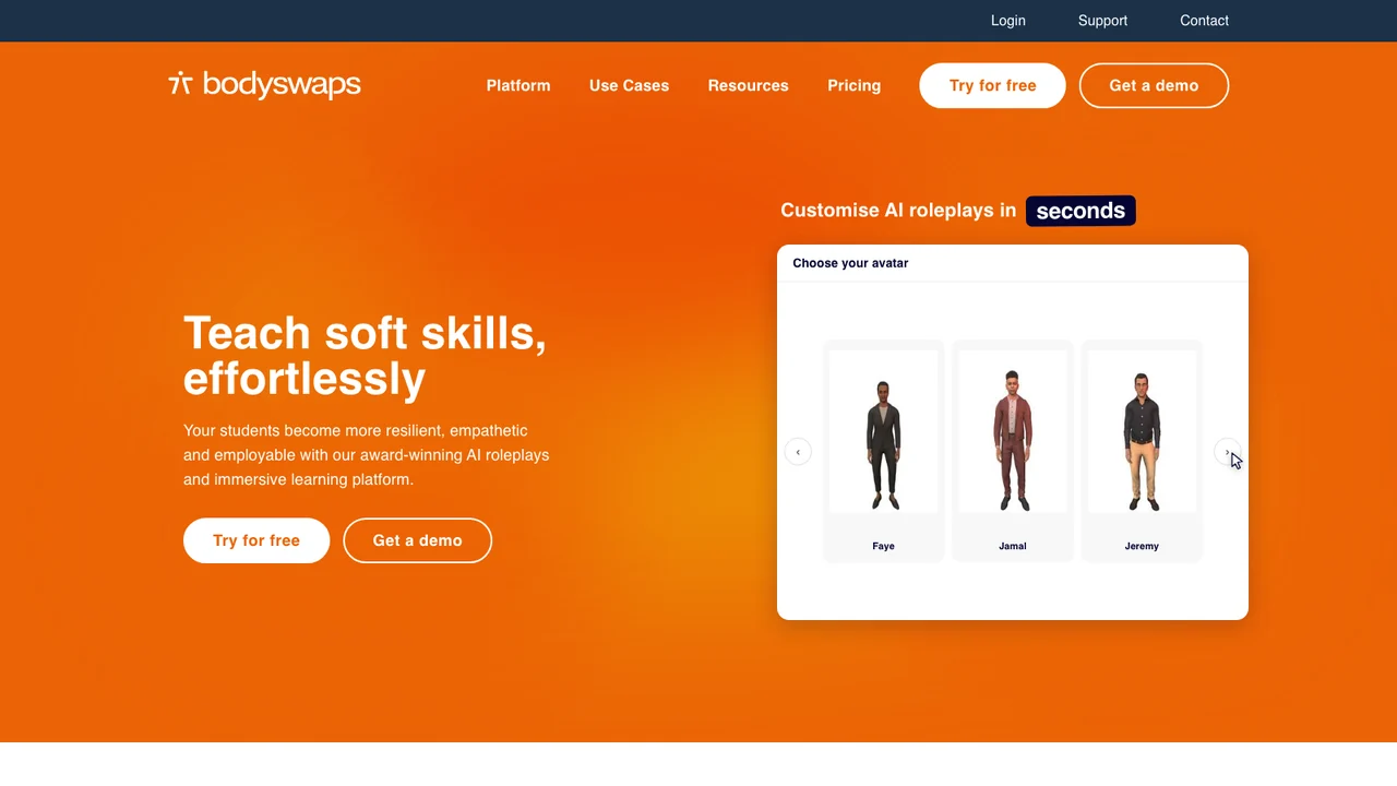 Bodyswaps homepage headed Teach soft skills, effortlessly, showing a grid of learning activities including Resolving Conflict, Active Listening and De-Escalation