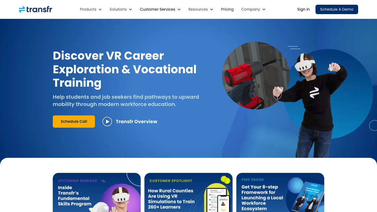 Transfr homepage headed Discover VR Career Exploration and Vocational Training, showing a person in a VR headset using virtual power tools