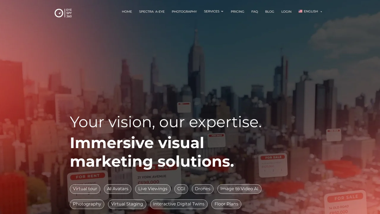 EyeSpy360 homepage headed Immersive visual marketing solutions, over a city skyline with property listing cards, showing service tags including virtual tour, CGI and floor plans