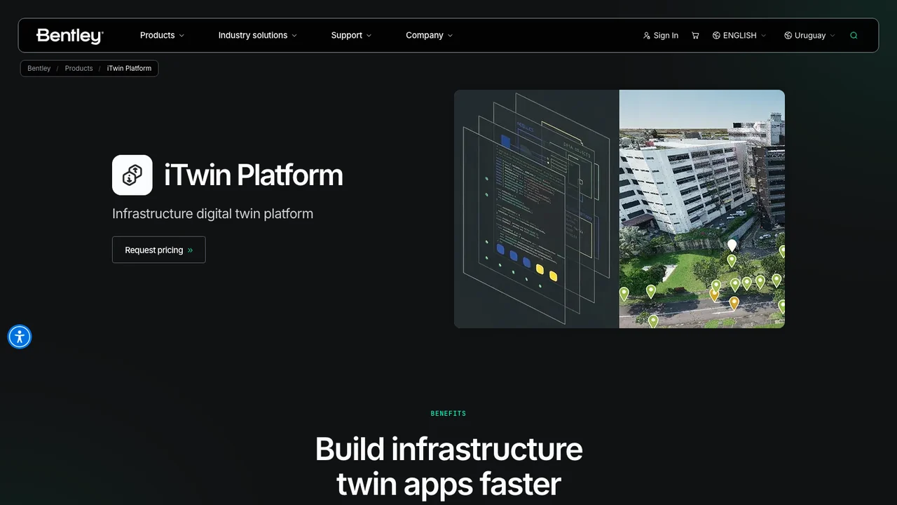 Bentley iTwin Platform page showing the product name, the line Infrastructure digital twin platform and an aerial view of a building with data markers
