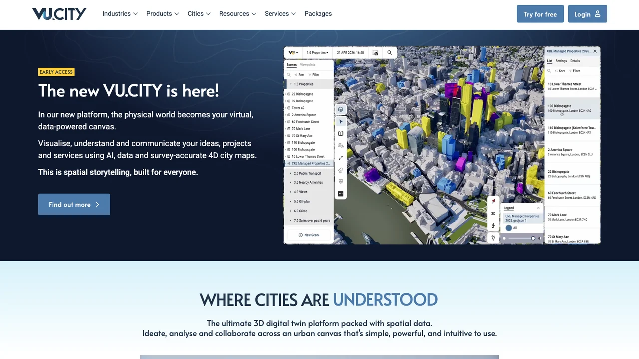 VU.CITY homepage showing an aerial 3D model of central London with buildings highlighted in yellow and purple beside a properties panel