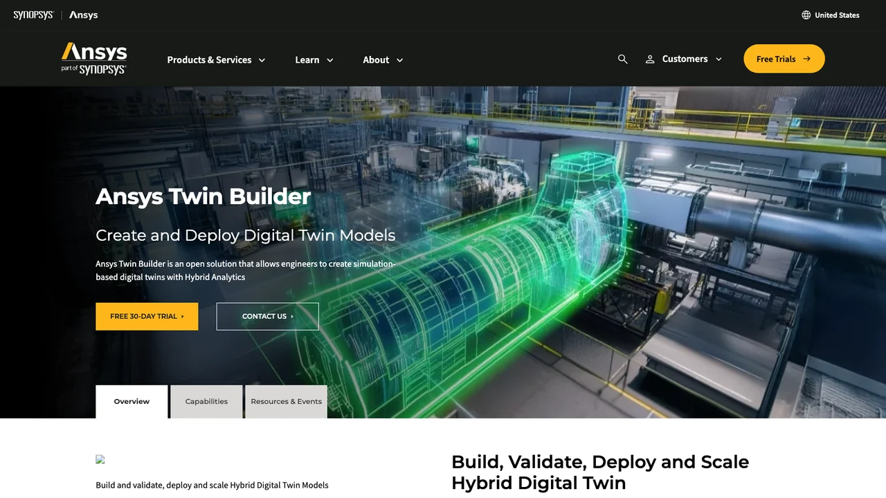 Ansys Twin Builder page showing the product name, the line Create and Deploy Digital Twin Models and a green wireframe engine over an industrial plant
