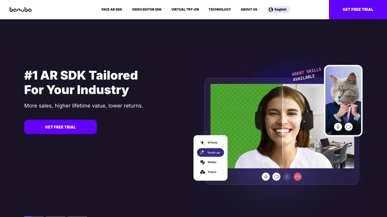 Banuba homepage showing its face AR and virtual try-on SDK offering