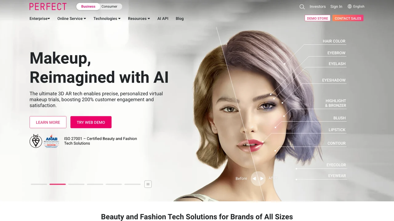 Perfect Corp business page showing the headline Makeup, Reimagined with AI beside a split before and after portrait labeled with hair color, eyeshadow, lipstick and contour