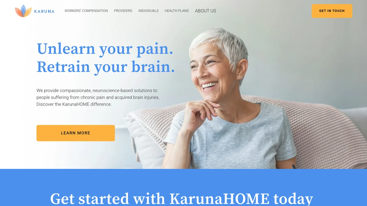 Karuna Labs homepage with the line Unlearn your pain. Retrain your brain. above a description of the KarunaHOME chronic pain program