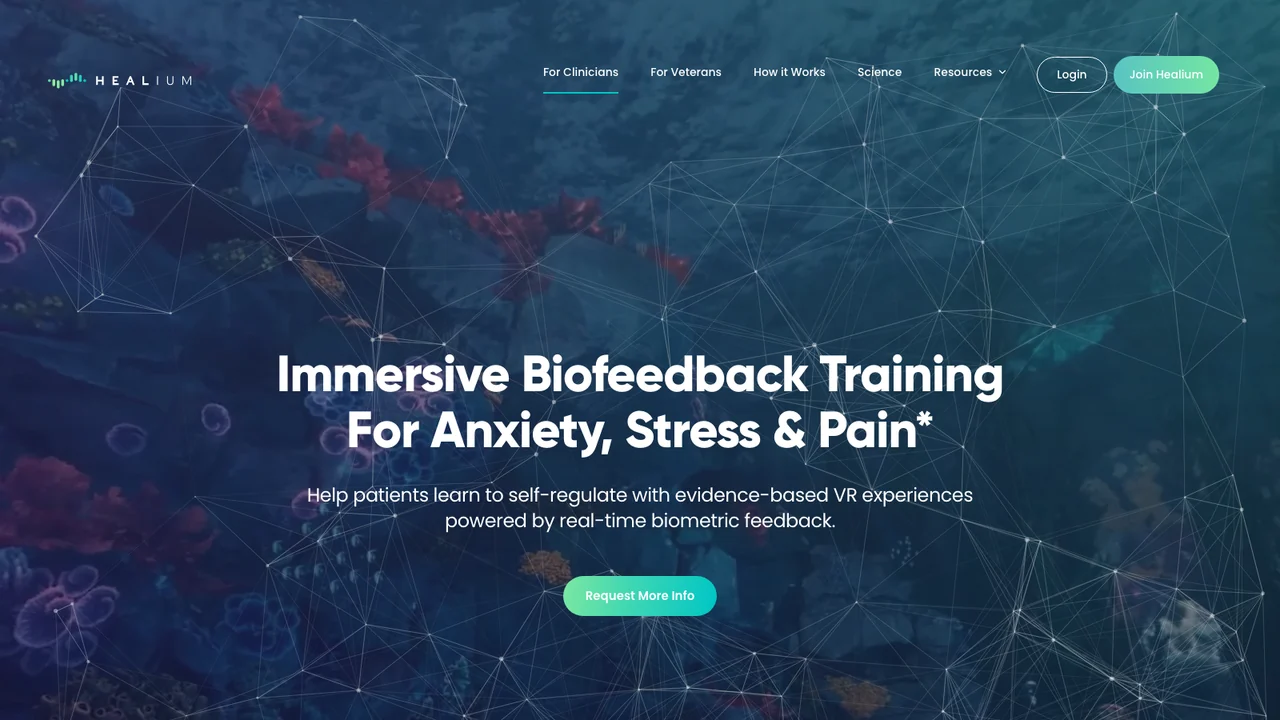 Healium homepage with the headline Immersive Biofeedback Training For Anxiety, Stress and Pain carrying a disclaimer asterisk