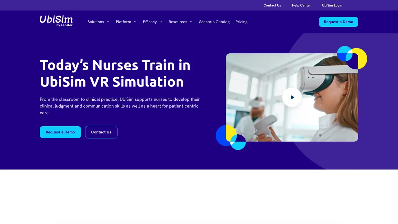 UbiSim homepage with the line Today's Nurses Train in UbiSim VR Simulation, under a UbiSim by Labster wordmark, beside a nurse in a headset