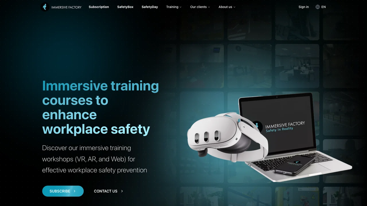 Immersive Factory homepage showing its health, safety and environment training catalog