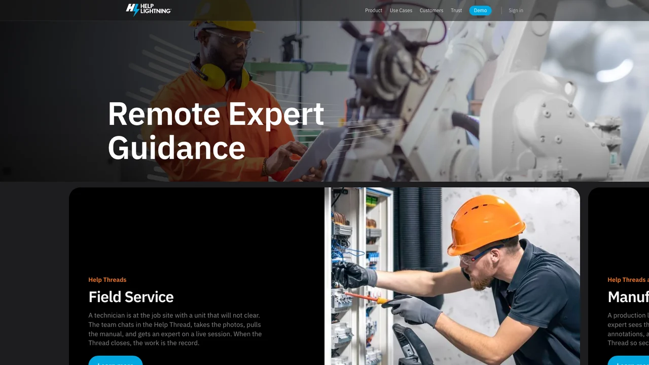 Help Lightning homepage with the line Remote Expert Guidance over a technician in a hard hat working on industrial equipment