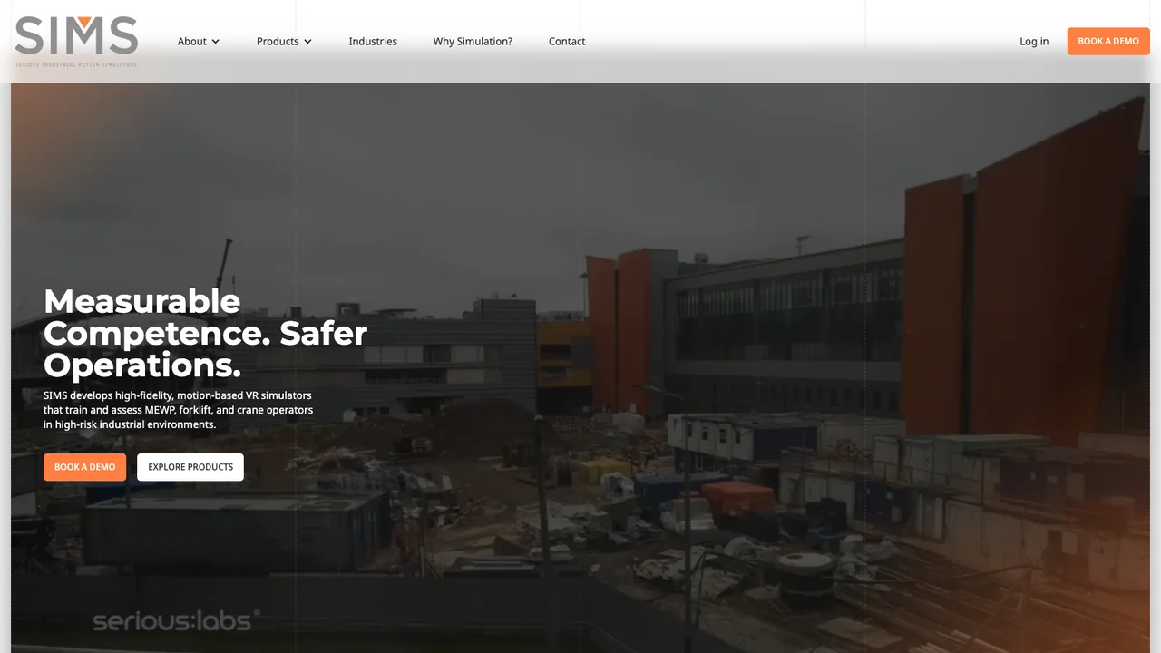 SIMS homepage reading Measurable Competence. Safer Operations. over a construction site, with a serious:labs wordmark in the lower left