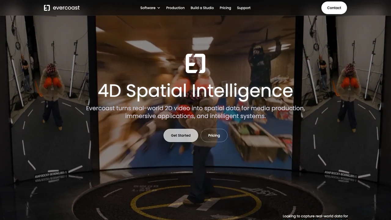 Evercoast homepage with the line 4D Spatial Intelligence over a volumetric capture stage ringed with cameras
