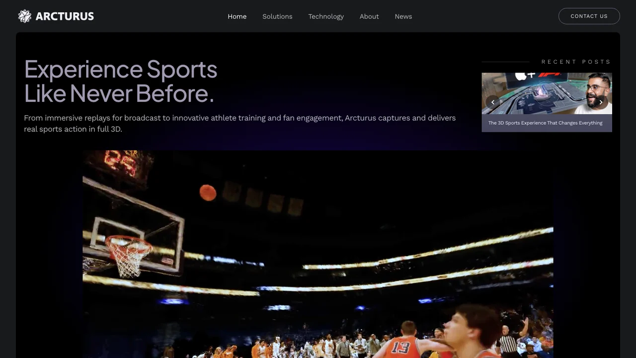 Arcturus homepage reading Experience Sports Like Never Before over a basketball arena, with no mention of volumetric video in the hero
