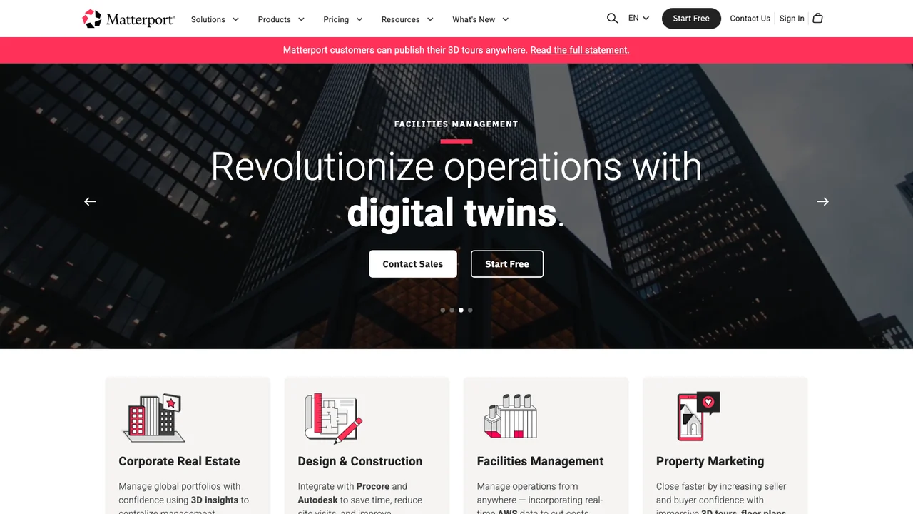 Matterport homepage reading Revolutionize operations with digital twins over a photograph of office towers
