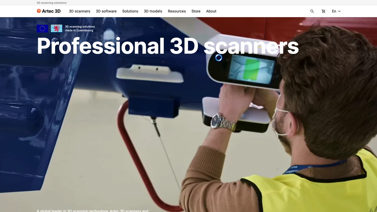 Artec 3D homepage listing its professional 3D scanner range including Eva, Leo, Point II and Micro II